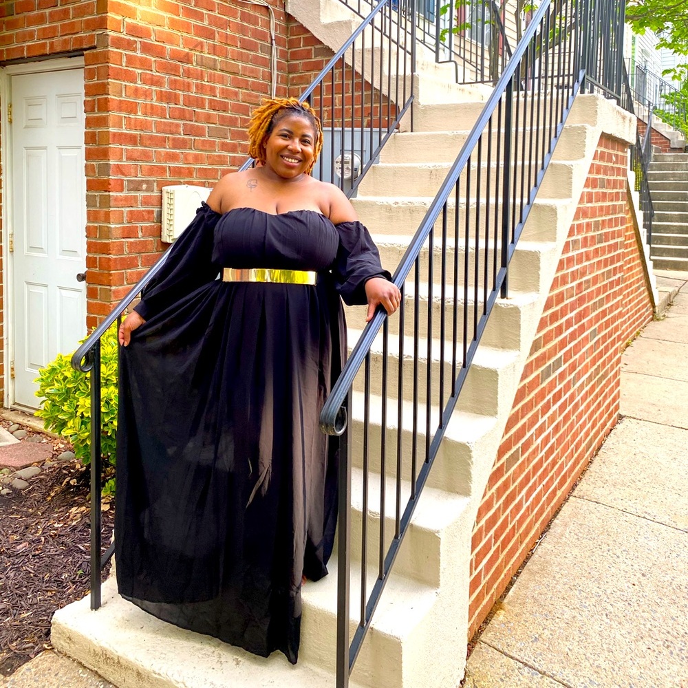 Plus Size Maxi length off the shoulder chiffon dress with pale gold belt detail.